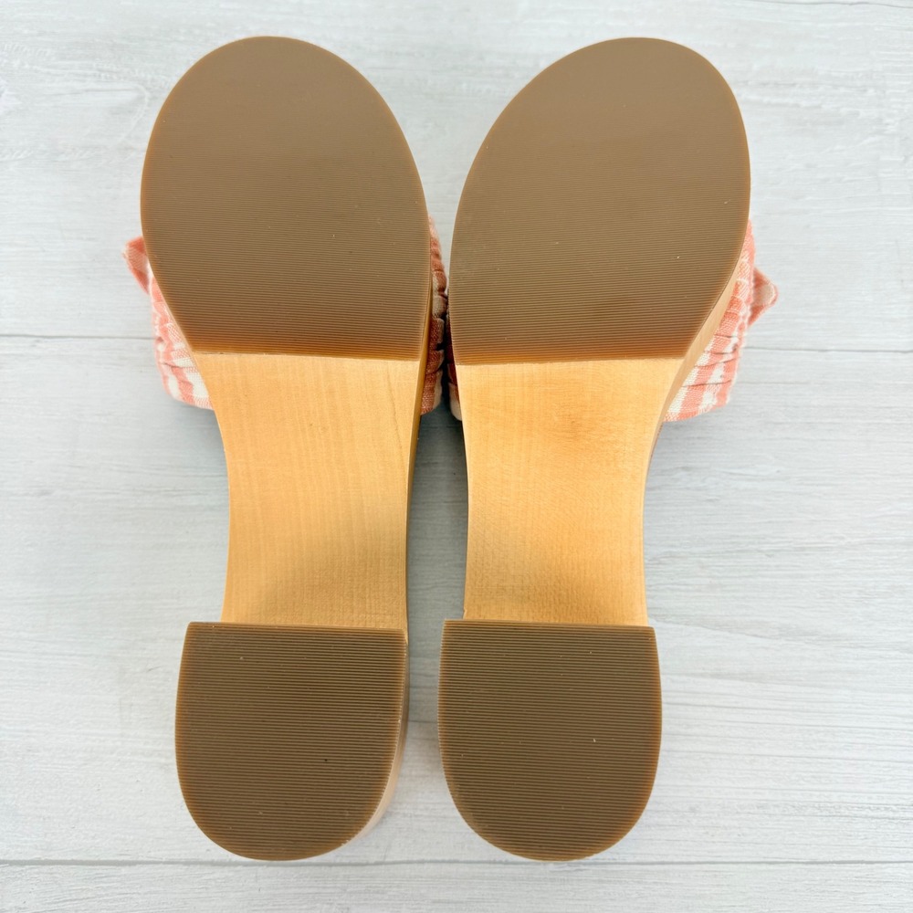 Anthropologie Loeffler Randall Clog Sandals Size 9 Pink Gingham Bow Wooden Heel - Picture 9 of 13